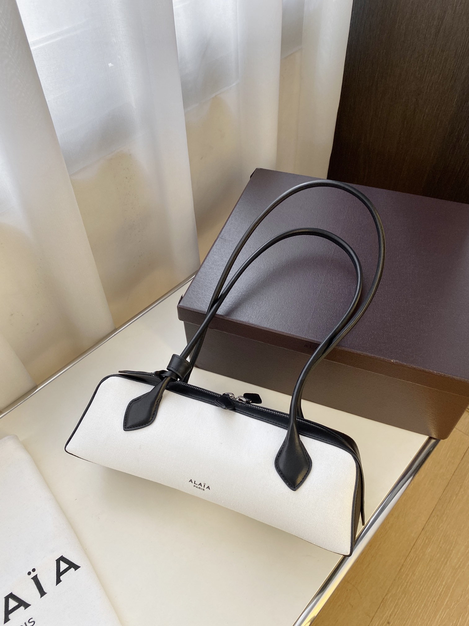 Alaia Women's Small Middle Le Teckel Canvas Leather Handle Shoulder Bag